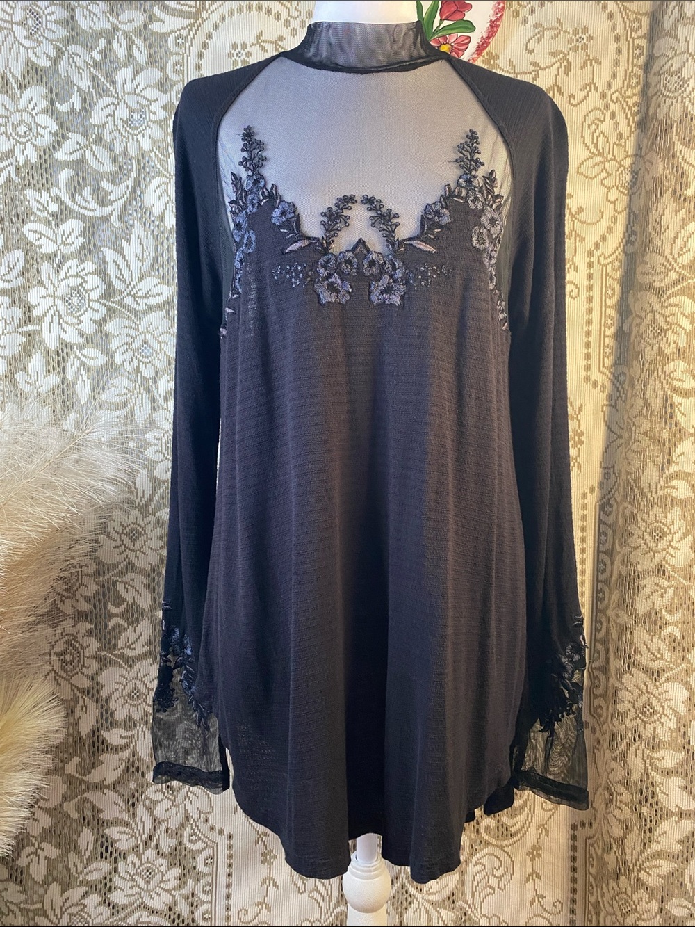 Free People Black Sheer Lace Tunic Dress